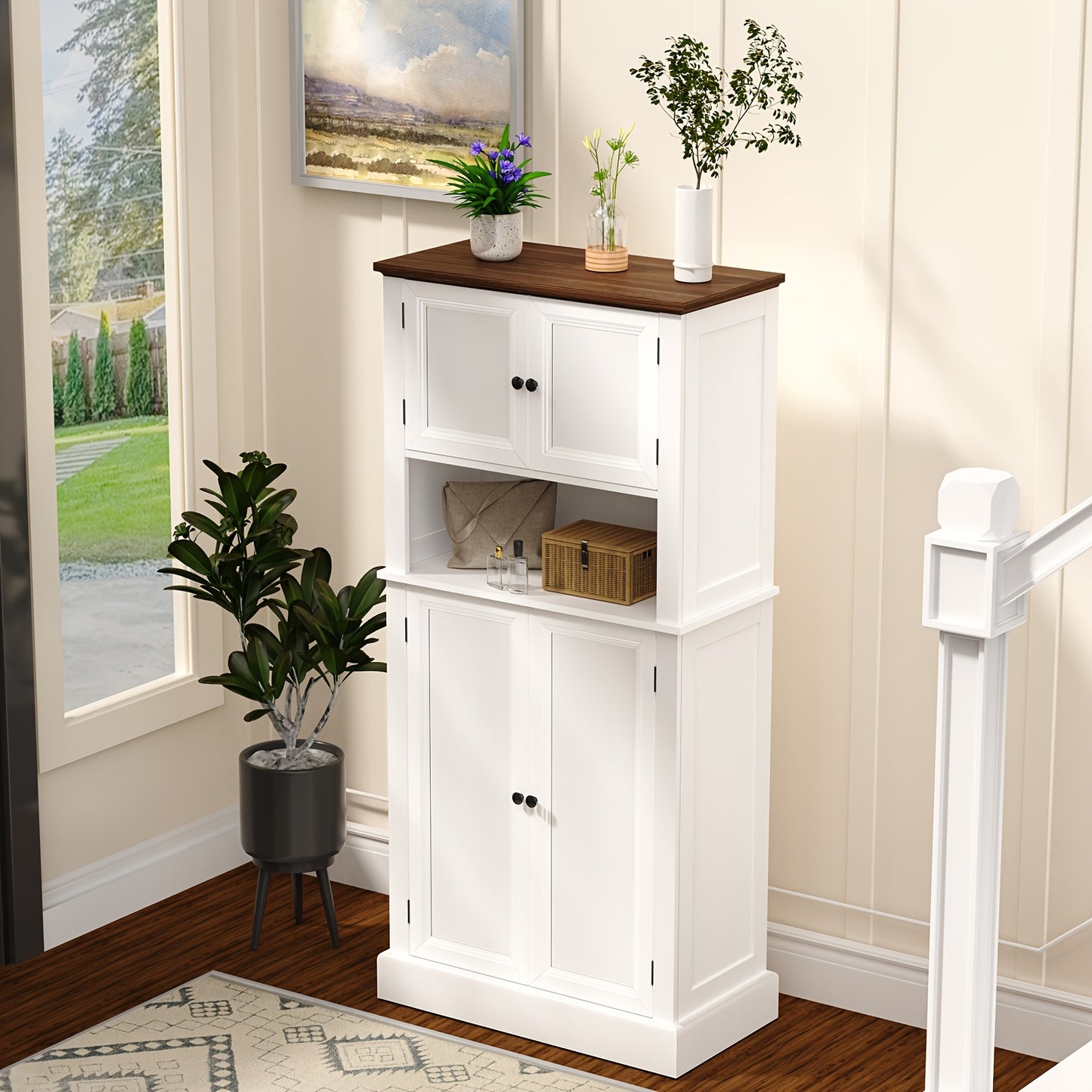 Hoge Bergkast Keukenkast – Opbergkast – Voorraadkast – Keukenkastje – Kast Met Blad – 128 cm Hoog – 4 Deuren Met Werkblad – Wit Met Tigerstripe Design