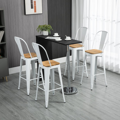 Barkruk – Barstoel – Kruk – Barkrukken Set – Industrieel Design – Met Rugleuning – Met Voetsteun – Set Van 4 – Stijlvol Wit Metalen Frame – Houten Zitting – Zithoogte 76 cm