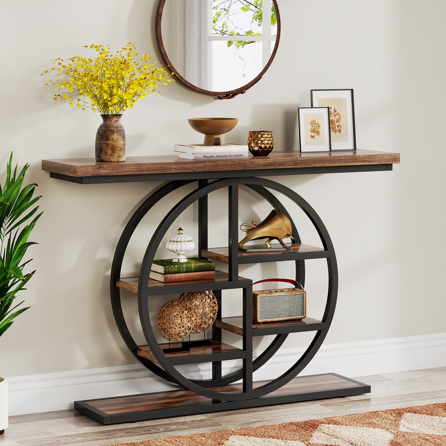 Smalle Rondvormige Haltafel – Sidetable – Opbergtafel – Gangtafel – Halmeubel – Rustiek Bruin – Multi-laags Opbergplanken – Hout & Kunststof – Ruimtebesparend Design