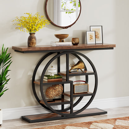 Smalle Rondvormige Haltafel – Sidetable – Opbergtafel – Gangtafel – Halmeubel – Rustiek Bruin – Multi-laags Opbergplanken – Hout & Kunststof – Ruimtebesparend Design