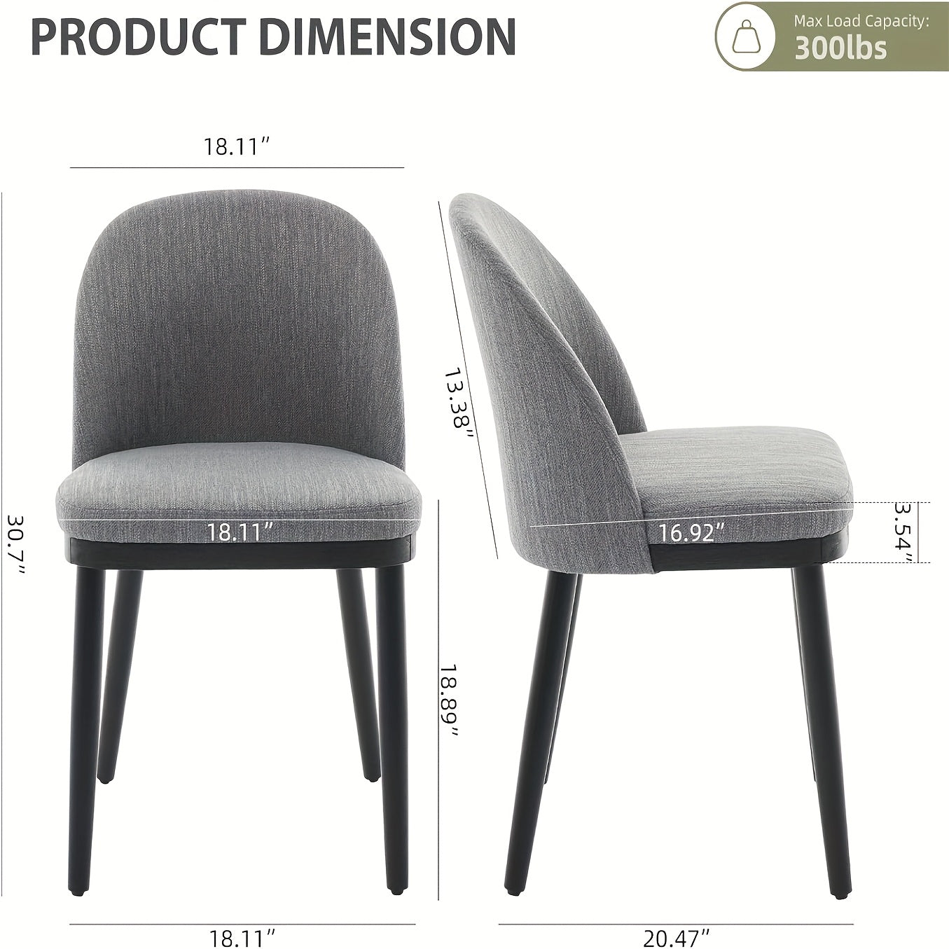 Set of 2 Modern Grey Dining Chairs with Curved Backrest & Black Legs - Heavy-Duty Non- Kitchen/Restaurant/Cafe Chairs, Easy Assembly & Low-Maintenance Upholstery-like Seating (No Fabric/Padding Replacement Parts)