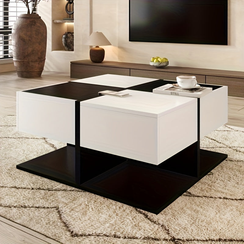Salontafel – Koffietafel – Tafel – Woonkamertafel – Bijzettafel – Modern Zwart-Wit – 2 Soft-Close Lades – 70x70x35,5 cm – Bamboe Frame – Eenvoudige Montage