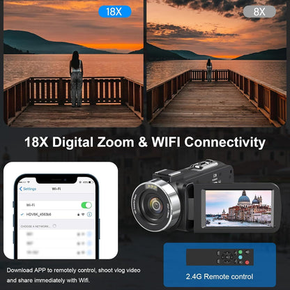 Digitale Camera – Fotocamera – Vlog Camera – Compact Camera – Video Camera – 64MP Resolutie – 8K Video – 18x Digitale Zoom – Nachtzicht – WiFi – 3 Inch Touchscreen – Inclusief Microfoon en Afstandsbediening