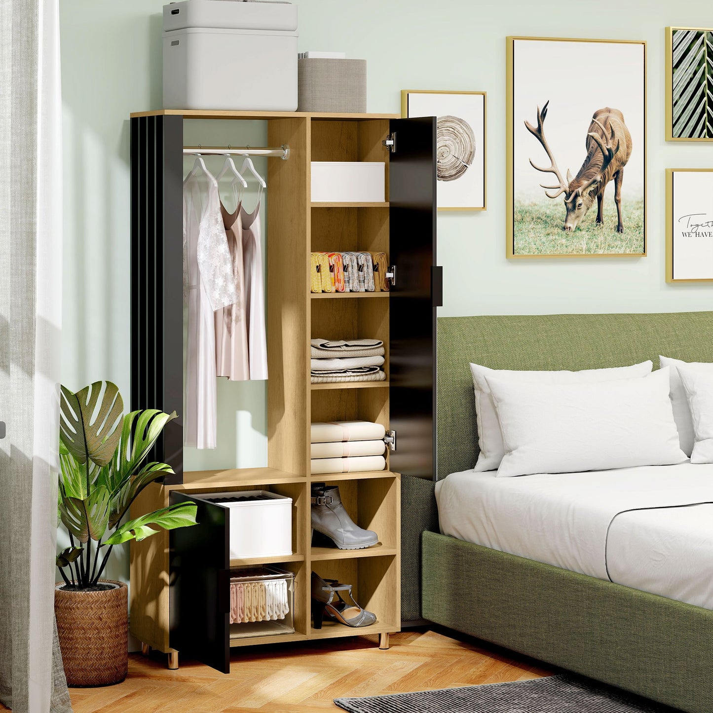 Kast Met Spiegel – Kledingkast – Garderobekast – Opbergkast – Halmeubel – Natuurlijk Hout En Zwart Staal – Met Kledingroede En Open Planken
