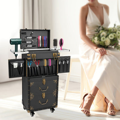 Rolling Makeup Train Case – Koffer, Organizer, Make-up Trolley, Beauty Koffer – Zwart – Met Slot, Haarföhnhouder – Stevig PU Materiaal, 3 Vaks Indeling