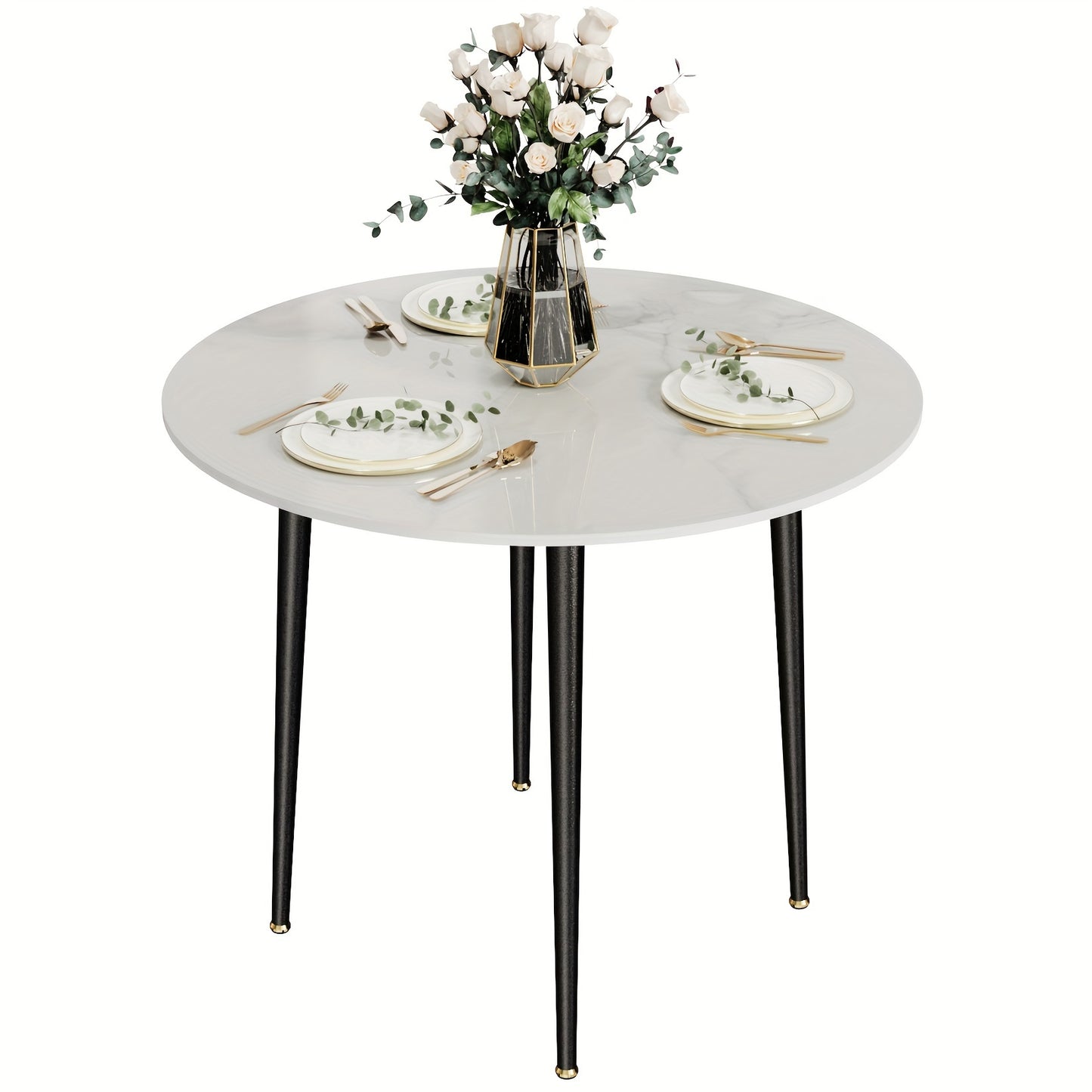 Eettafel – Ronde Tafel – Keukentafel – Dinertafel – Eetkamertafel – Hoogglans Sintered Stone Blad – 80 cm Diameter Metalen Tapered Poten