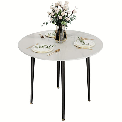 Eettafel – Ronde Tafel – Keukentafel – Dinertafel – Eetkamertafel – Hoogglans Sintered Stone Blad – 80 cm Diameter Metalen Tapered Poten