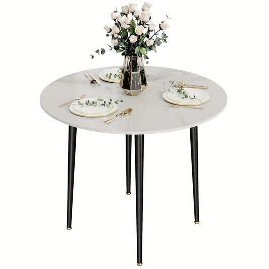 Eettafel – Ronde Tafel – Keukentafel – Dinertafel – Eetkamertafel – Hoogglans Sintered Stone Blad – 80 cm Diameter Metalen Tapered Poten