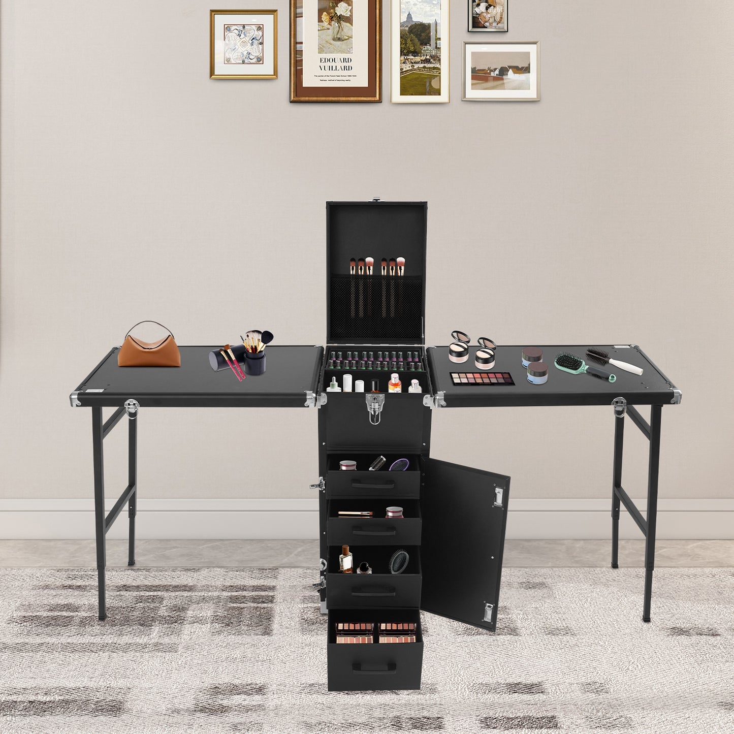 Inklapbare Nageltafel – Mobiele Manicure Tafel – Nagelstudio Werkbank – Beauty Tafel – Nageltools Organizer – Stevig Aluminium Frame – Met Wieltjes en Slot Rosa