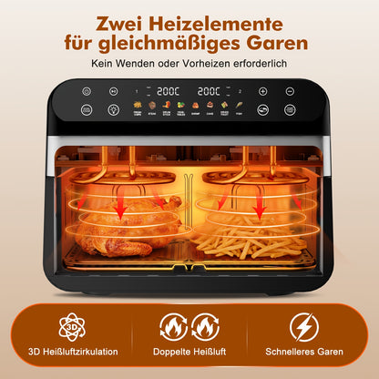 Authmic 10L Hot Air Fryer with Dual Zone/Single Chamber - 9-in-1 Multifunction Touchscreen Smart Fryer with Oil-Free, 2400W Rapid Cooking Function, Non-Stick Coated Basket & Viewing Window, 8 Preset Programs, for Family Cooki