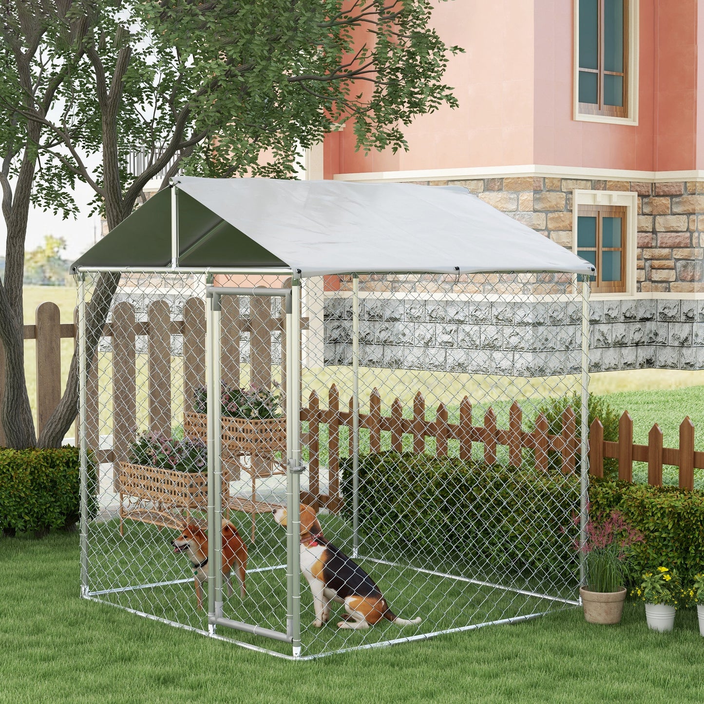 Hondenkennel – Hondenren – Dierenkennel – Hondenkooi – Buitenren – Met Dak – Vergrendelbare Deur – Verzinkt Staal – 200x200x237 cm