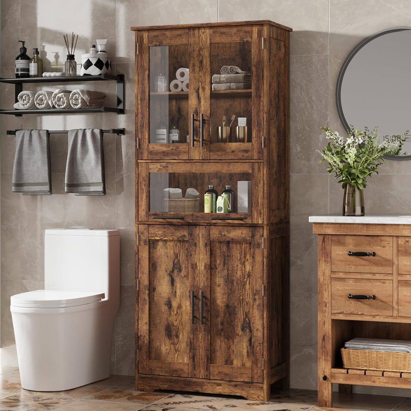 Large Storage Cabinet with Glass Doors | Tall Hardwood Cabinet with Drawers and Shelves, Modern Style, Floor Mount, Brown, Retro Double Door for Hallway and Bedroom