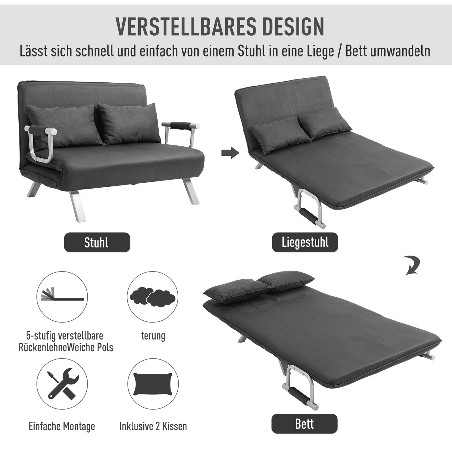 Slaapbank – Bedbank – Slaapstoel – Logeerbed – Sofa – Verstelbare Rugleuning – Zachte Velvet Bekleding – Grijs