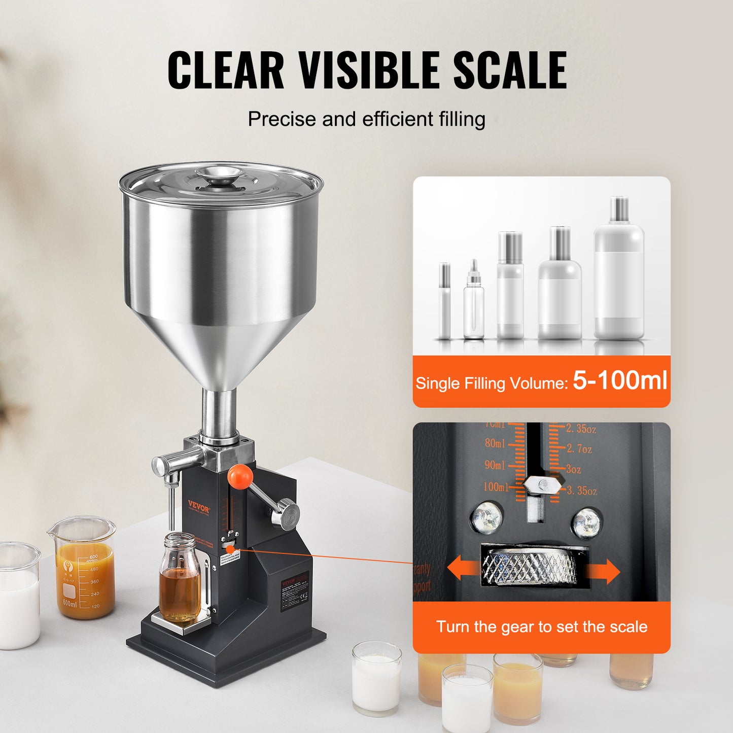 Vulmachine – Flessenvuller – Handmatige Vloeistofvuller – Pasta Vulmachine – Doseermachine – RVS 304 Roestvrij Staal – Instelbare Vulhoeveelheid 5-100 ml