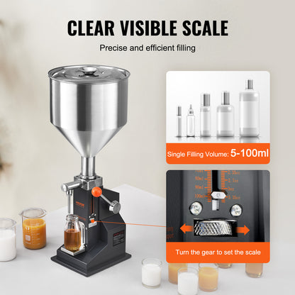 Vulmachine – Flessenvuller – Handmatige Vloeistofvuller – Pasta Vulmachine – Doseermachine – RVS 304 Roestvrij Staal – Instelbare Vulhoeveelheid 5-100 ml