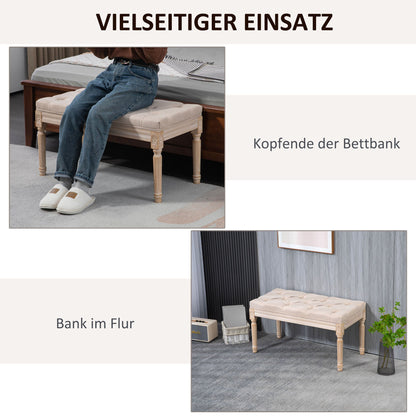 Vintage design bankje – zitbank – tuinbankje – krukje – halbankje – crèmekleur – button-tufted zitvlak – gedraaide houten poten