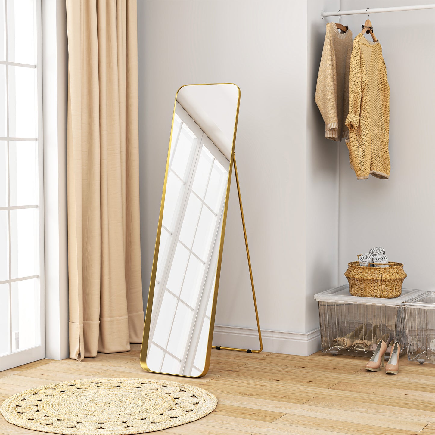 Vloerspiegel – Staande Spiegel – Grote Spiegel – Kantelbare Spiegel – Volledige Lengte Spiegel – Vrijstaand – Metalen Frame – 160x40 cm – Goudkleurige Afwerking