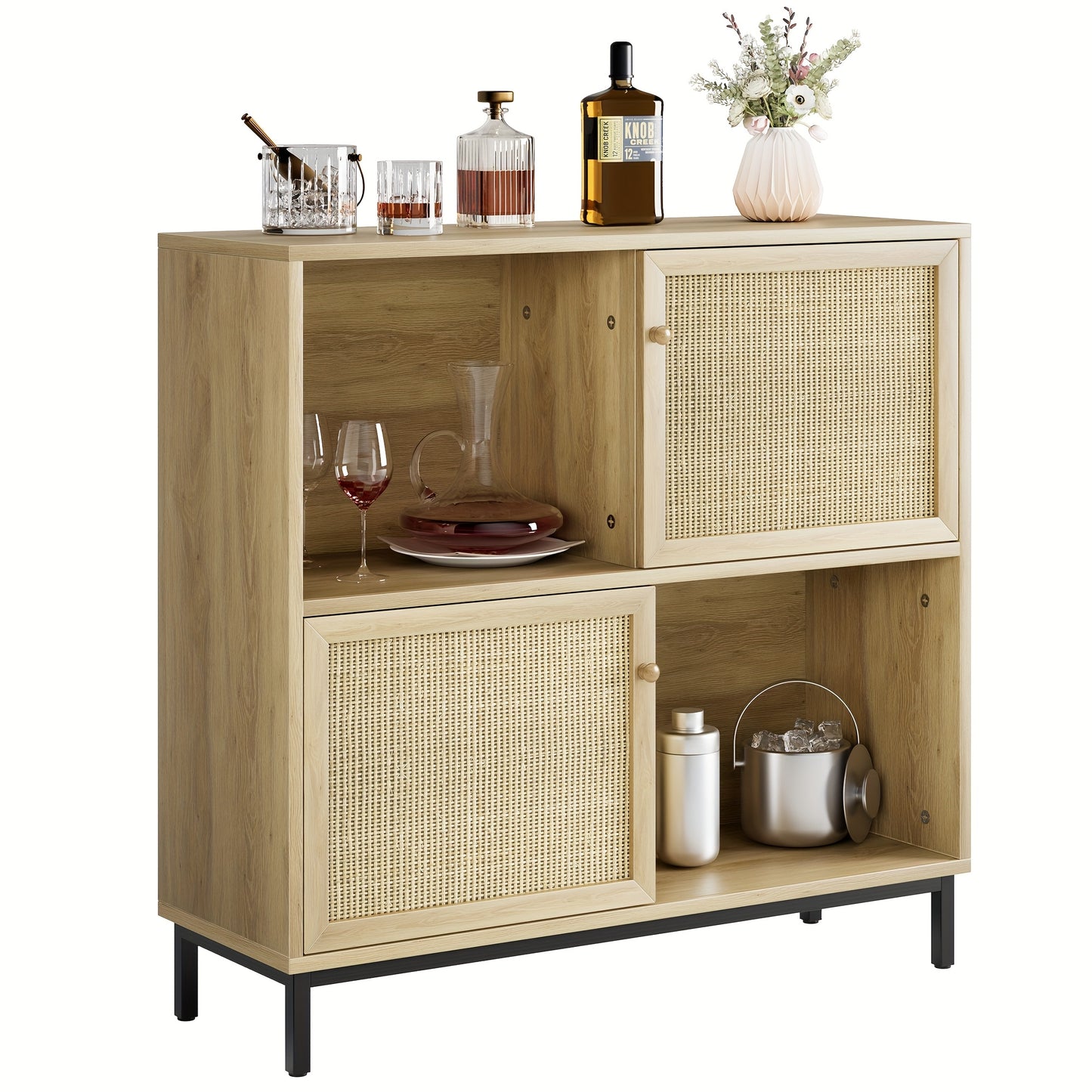 Opbergkast – Kubuskast – Boekenkast – Vakkenkast – Schuifdeuren – Licht Eikenhout Look – Stevig Met Vloermontage – Compact 101x30x94 cm