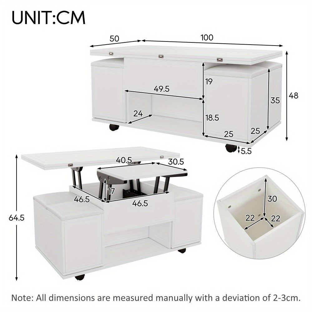 Salontafel – Koffietafel – Bijzettafel – Eettafel – Werktafel – Wit – Liftbaar Tafelblad – Ruime Opbergruimte