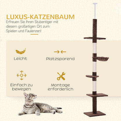 Kattenklimpaal – Krabpaal – Klimpaal – Kattenboom – Speelpaal – Bruin – Verstelbaar 230-260 cm Hoog – Sisal Krabpalen – Compact & Stevig