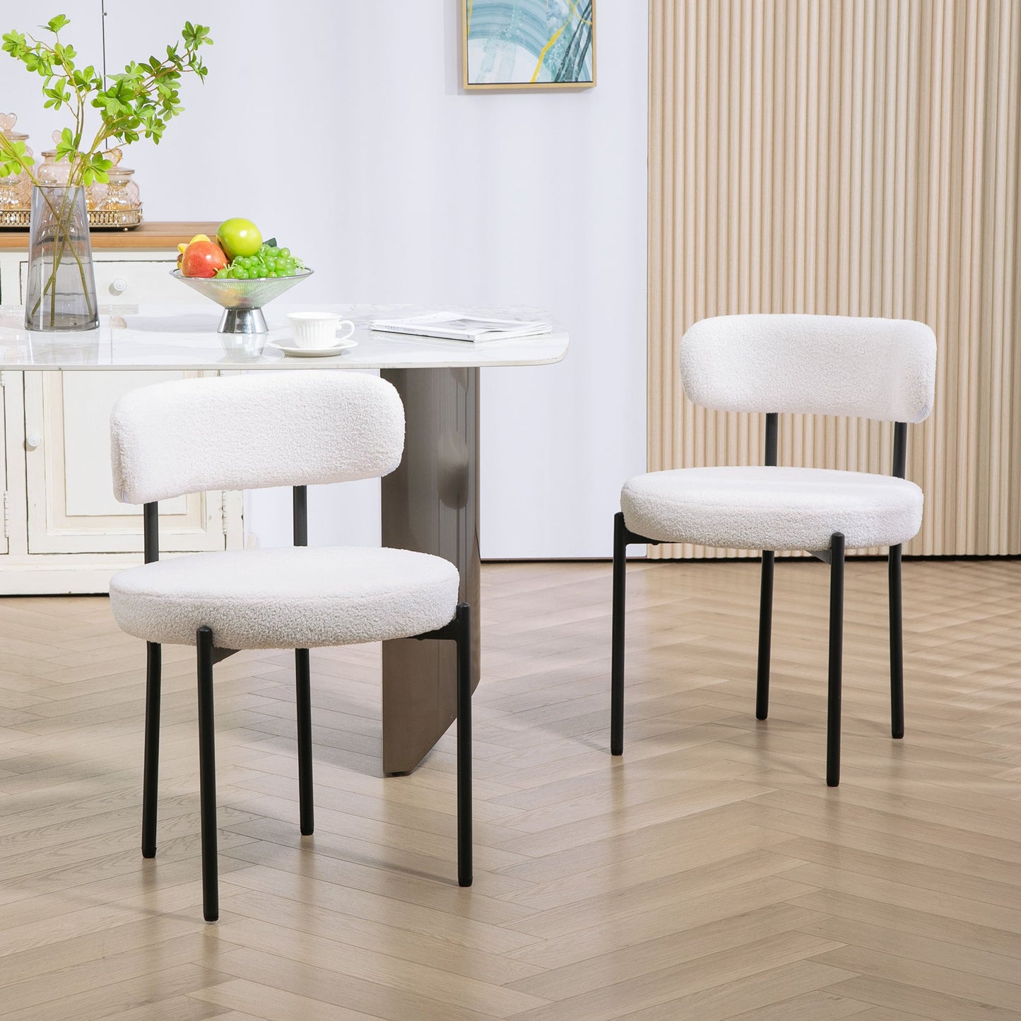 2pcs Dining Room Chairs, Fleece Upholstery, Chairs with Padded Seat, Metal Legs, Cream White