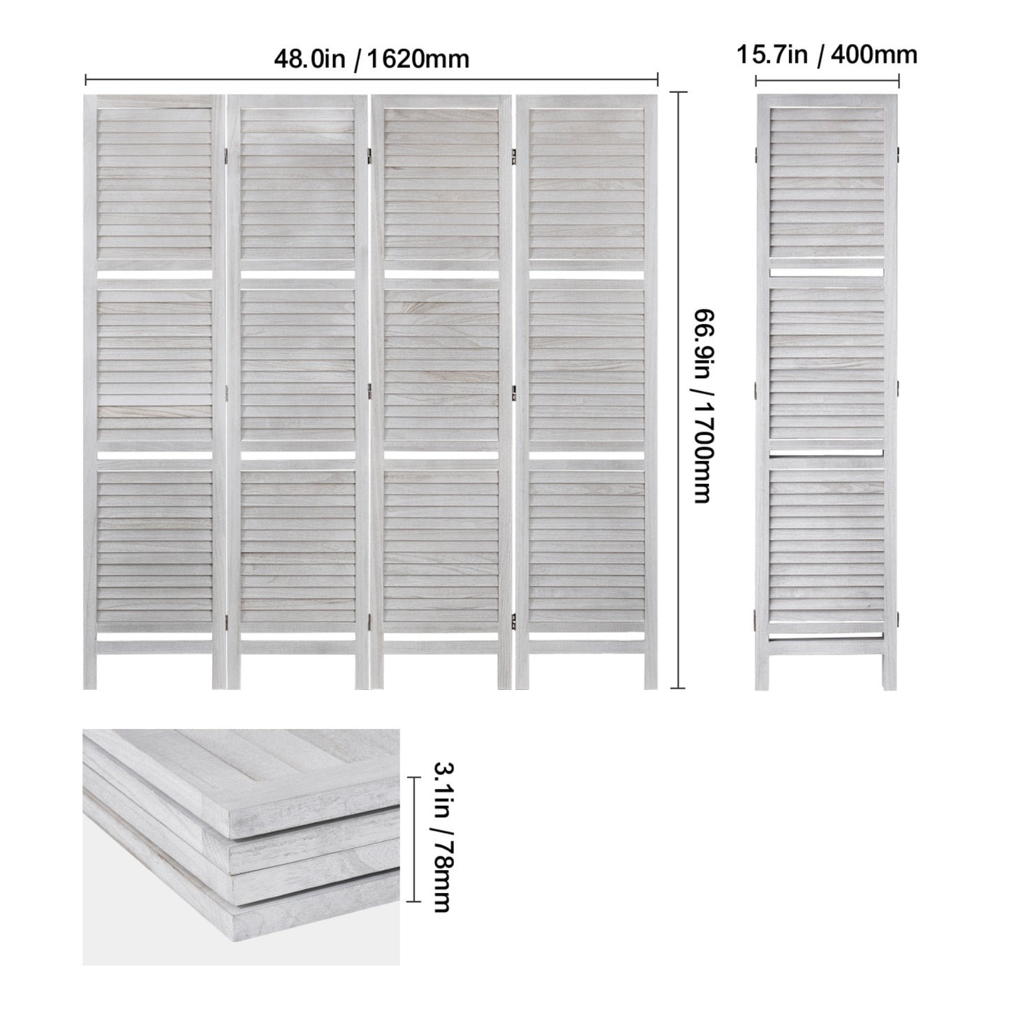 Kamerverdeler – Kamerscherm – Scheidingswand – Room Divider – Wit Paulowniahout – 4 Panelen Flexibel Scharnier – Direct Gebruiksklaar