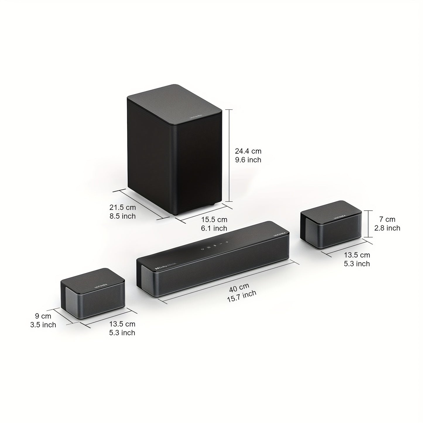 5.1 Surround Sound Systeem – Home Cinema Set – Dolby Atmos Geluid – Soundbar Met Subwoofer – Draadloze Subwoofer – 410W Vermogen – Verstelbare Achterluidsprekers – HD eARC Ondersteuning