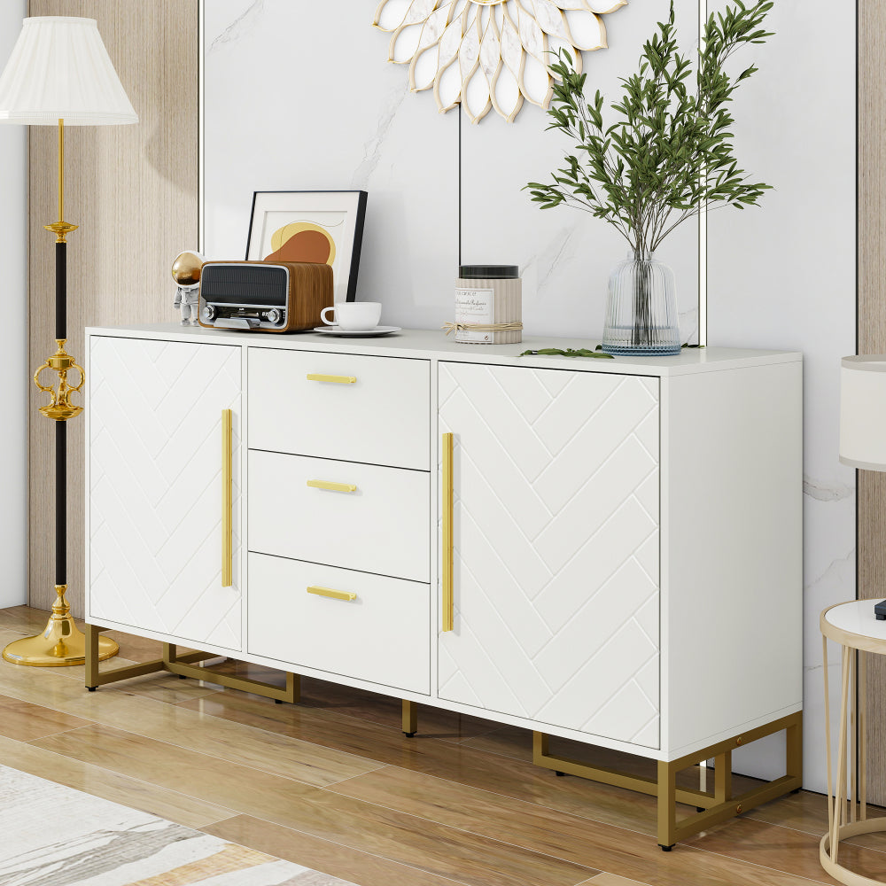 Dressoir – Buffetkast – Opbergkast – Ladekast – Kast – Wit Visgraatpatroon – 2 Deuren 3 Lades