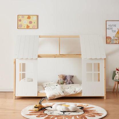 Kinderbed – Huisbed – Halfopen Bed – Peuterbed – Houten Bed – 120x200 cm – Massief Dennenhout – Speels Huisdesign