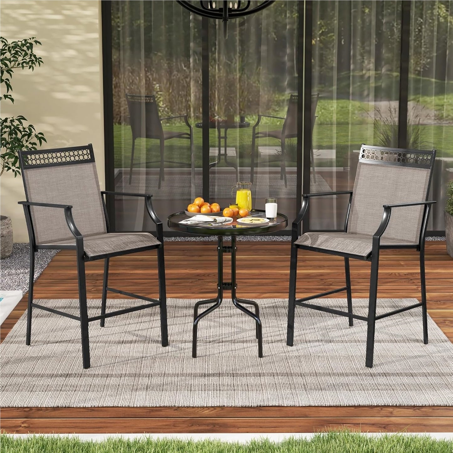 Tuinstoelen – Terrasstoelen – Buitenstoelen – Balkonstoelen – Hooge Stoelen – Sneldrogende Stof – Stevig Metalen Frame – Max. 180 kg Belastbaar – Set van 2 – Koffiekleur