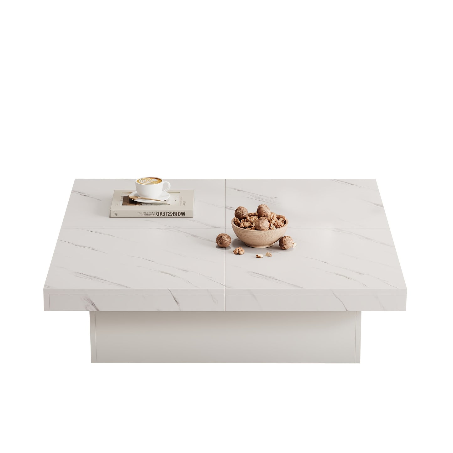 Modern White Square Coffee Table with Marble Texture, Size 90 X 90 X 25cm, Equipped with Four Drawers, Sliding Table Top, Load Capacity Up to 30kg,  Contemporary Style, Minimalist Design, Storage Table, Compact Table, Small S
