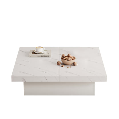 Modern White Square Coffee Table with Marble Texture, Size 90 X 90 X 25cm, Equipped with Four Drawers, Sliding Table Top, Load Capacity Up to 30kg,  Contemporary Style, Minimalist Design, Storage Table, Compact Table, Small S