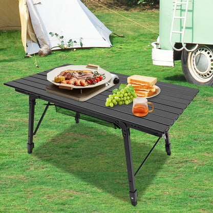 35.4*20*17.7 -25.6 Inch Folding Camping Table Aluminum Barbecue Table + Mesh Pocket For Camping, Fishing, Picnic, Barbecue, Party, Total Load Capacity 30.0 KG