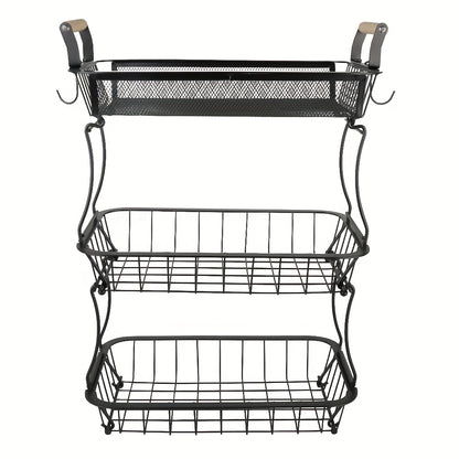3-Tier Black Carbon Steel Storage Basket with Wooden Handles - Multi-Purpose Organizer for Kitchen, Bathroom, Living Room & Under Sink | Durable, Space-Saving Design (37x22x55cm), Shelf Baskets