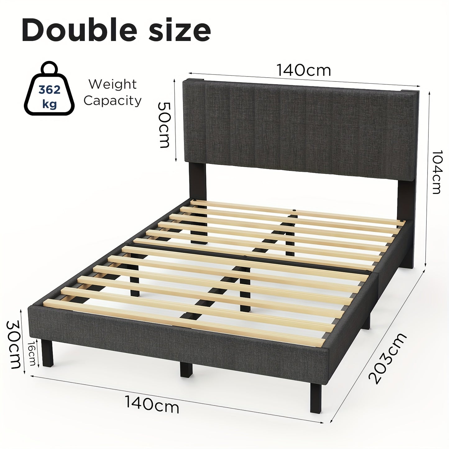 Bedframe – Bed – Slaapbank – Ledikant – Boxspring – Grijs Linnen – Stevig Houten Frame – 200x140 cm