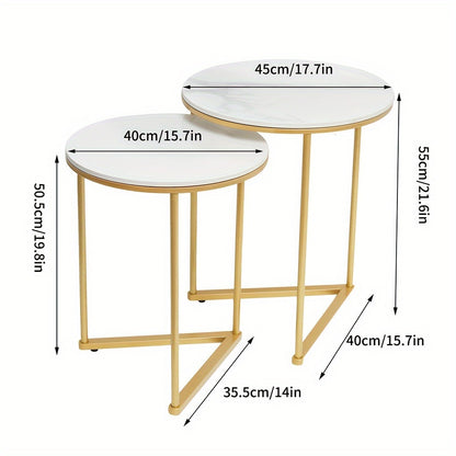 Salontafel – Bijzettafel – Koffietafel – Tafeltje – Nesting Table – Modern Rond Design – Wit Sintersteen Blad – Gouden Metalen Frame