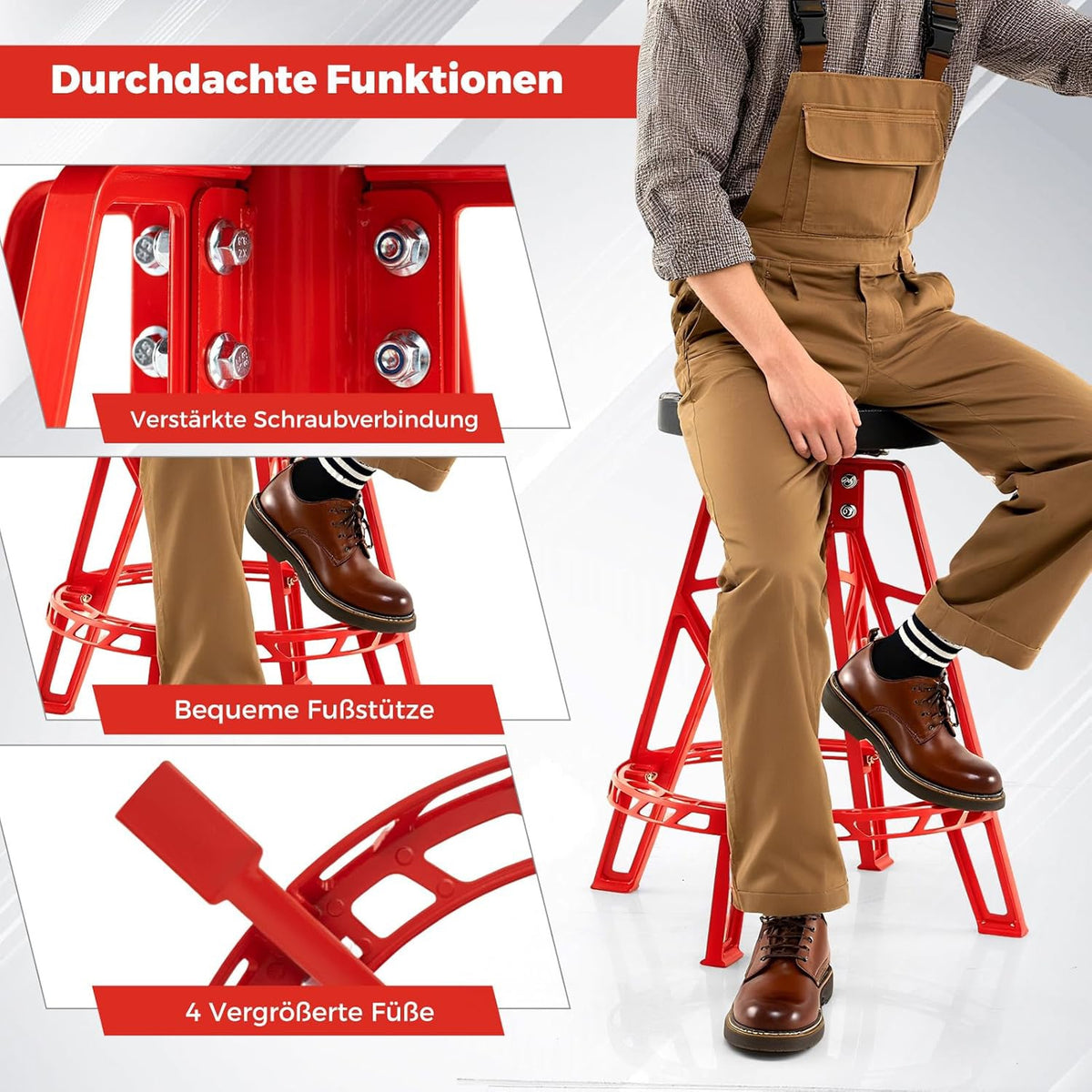 Draaistoel Werkkruk – Werkstoel Werkbank Krukje – Rood – Ergonomisch PVC Zitvlak – Stevig Metalen Frame