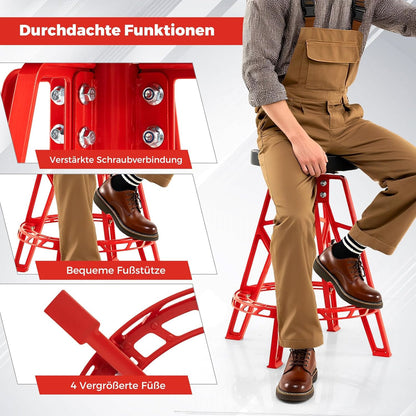 Draaistoel Werkkruk – Werkstoel Werkbank Krukje – Rood – Ergonomisch PVC Zitvlak – Stevig Metalen Frame