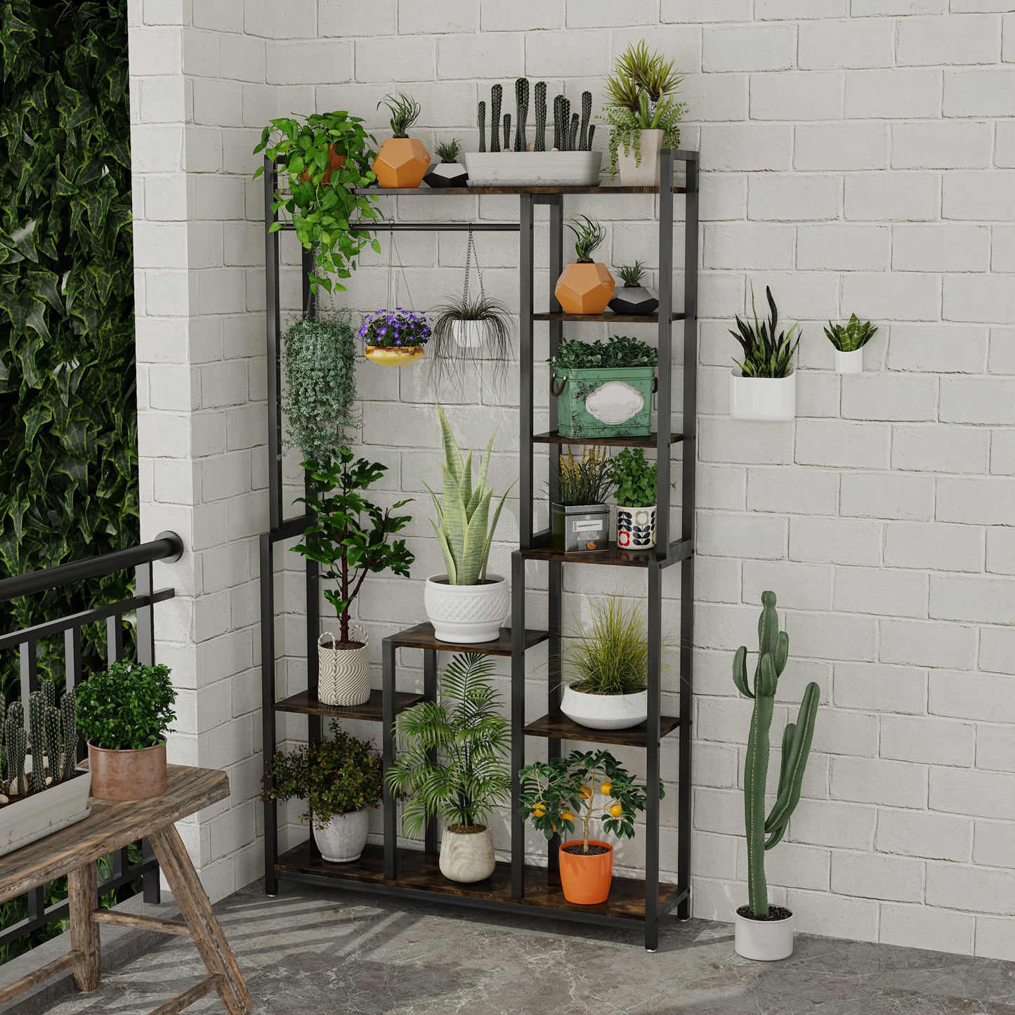 7-laags Plantenrek – Plantenstandaard – Bloemenrek – Plantentoren – Plantenladder – Zwart – Hout – Ruimtebesparend 180cm – Stevige Irreguliere Vorm