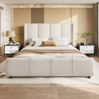 Gestoffeerd Bedframe – Bed – Slaapkamerbed – Ledikant – Modern Bed – Beige Kleur – 140x190 cm – Hoog Hoofdeinde & Voetbord – Duurzaam IJzeren Frame