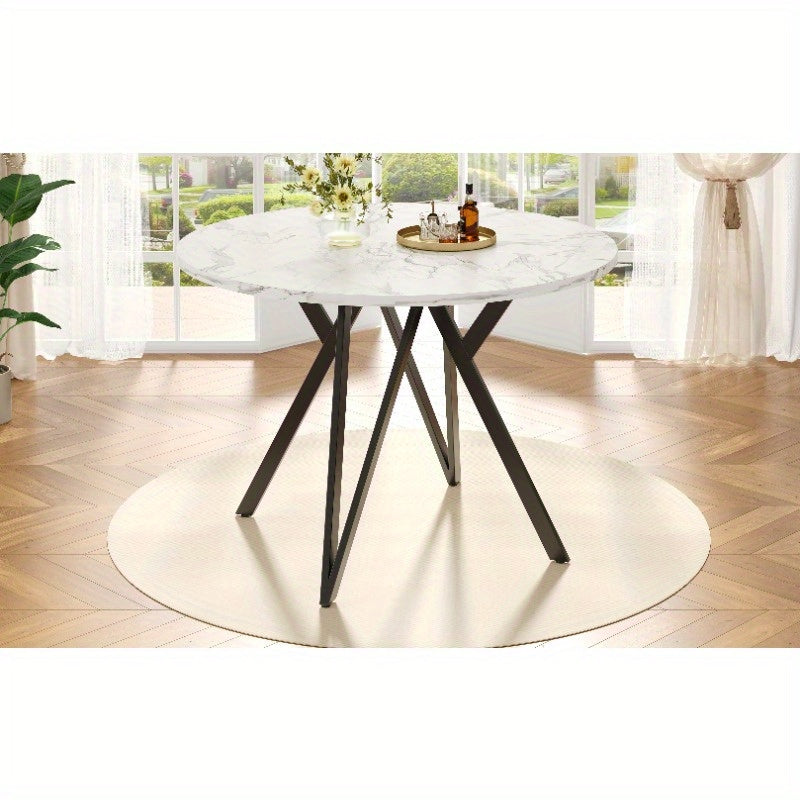 Ronde Eettafel – Tafel – Eetkamertafel – Keukentafel – Eettafel 4 Personen – MDF Marmeren Blad – Zwarte Metalen Poten – 100x100x76 cm – Klassiek Ontwerp – Geen Montage Nodig