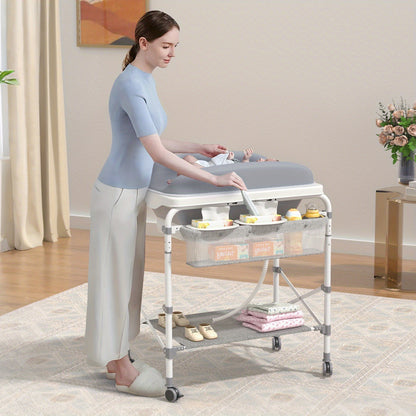 Babycommode Grijs – Verschoontafel – Waskom – Mobiele Commode – 2-in-1 Babymeubel – Inklapbaar Badje – 4 Zwenkwielen – Max Belastbaarheid 50 kg