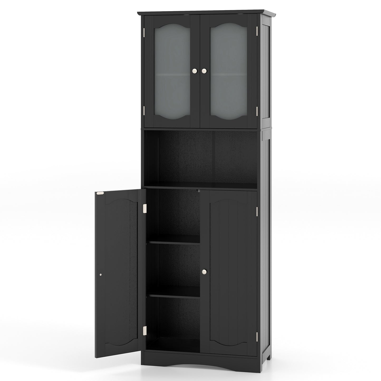 Hoge Kast – Opbergkast – Linnenkast – Badkamerkast – Voorraadkast – Matglazen Deuren – Verstelbare Planken – Zwart MDF – Compact Design 164 cm
