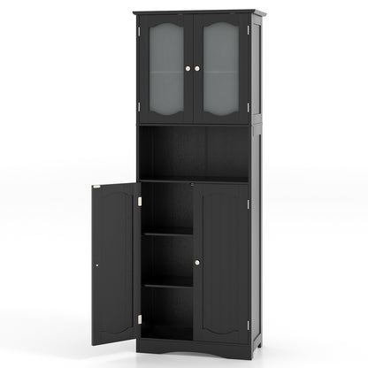Hoge Kast – Opbergkast – Linnenkast – Badkamerkast – Voorraadkast – Matglazen Deuren – Verstelbare Planken – Zwart MDF – Compact Design 164 cm