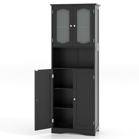Hoge Kast – Opbergkast – Linnenkast – Badkamerkast – Voorraadkast – Matglazen Deuren – Verstelbare Planken – Zwart MDF – Compact Design 164 cm