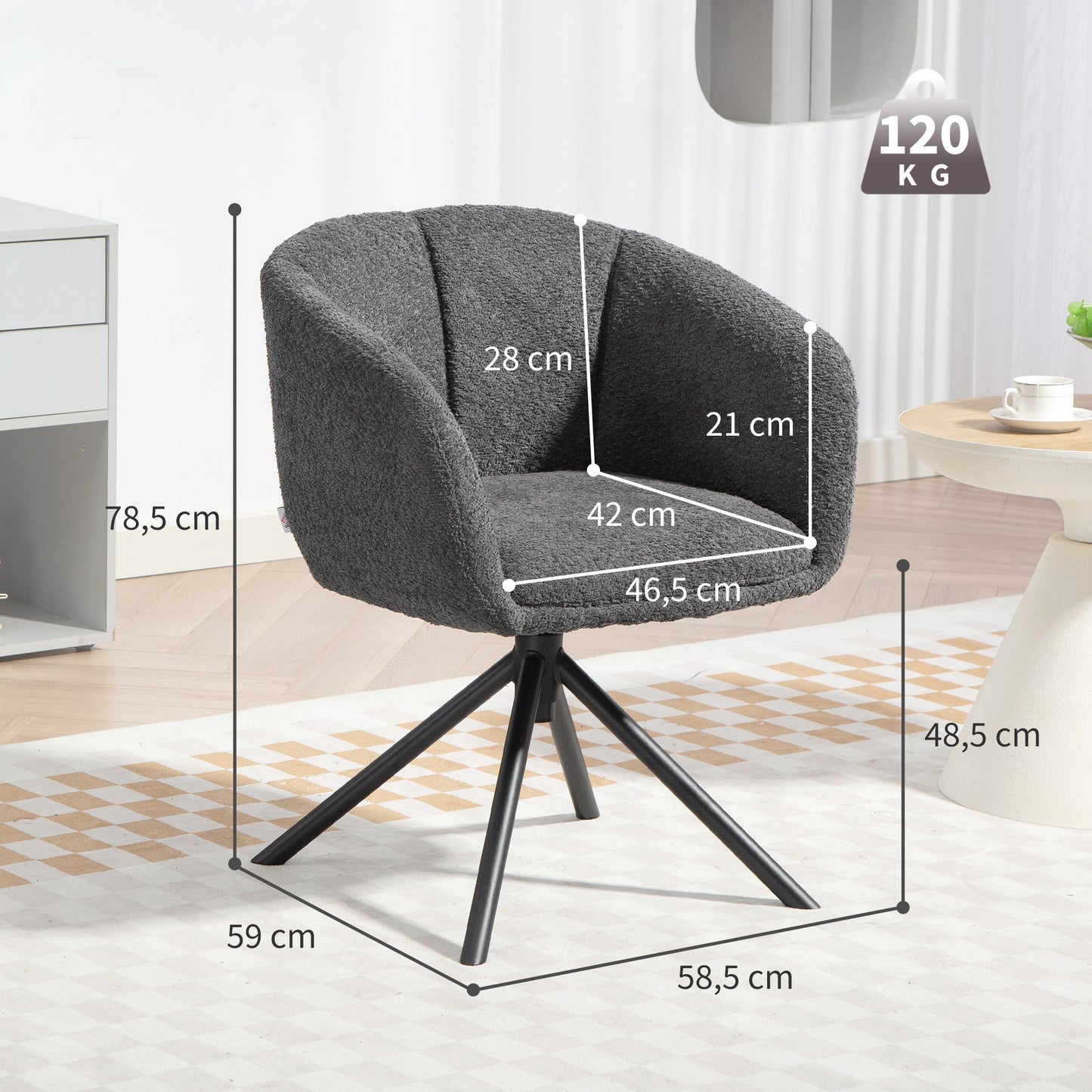 Draaifauteuil – Fauteuil – Zetel – Relaxstoel – Draaistoel – Donkergrijs – Comfortabele Zitting – Draagvermogen 120 kg