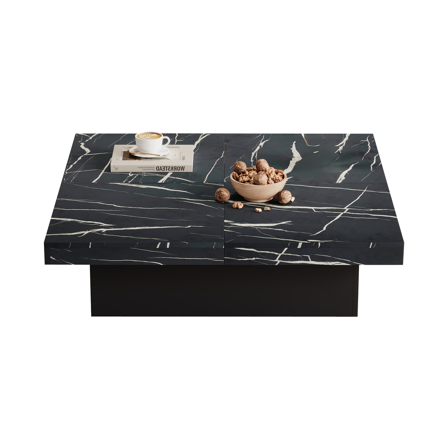 Modern Black Square Coffee Table, Marble Look, 90 X 90 X 25 Cm - Four Drawers, Sliding Tabletop, Load Capacity Up To 30 Kg