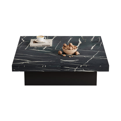 Modern Black Square Coffee Table, Marble Look, 90 X 90 X 25 Cm - Four Drawers, Sliding Tabletop, Load Capacity Up To 30 Kg