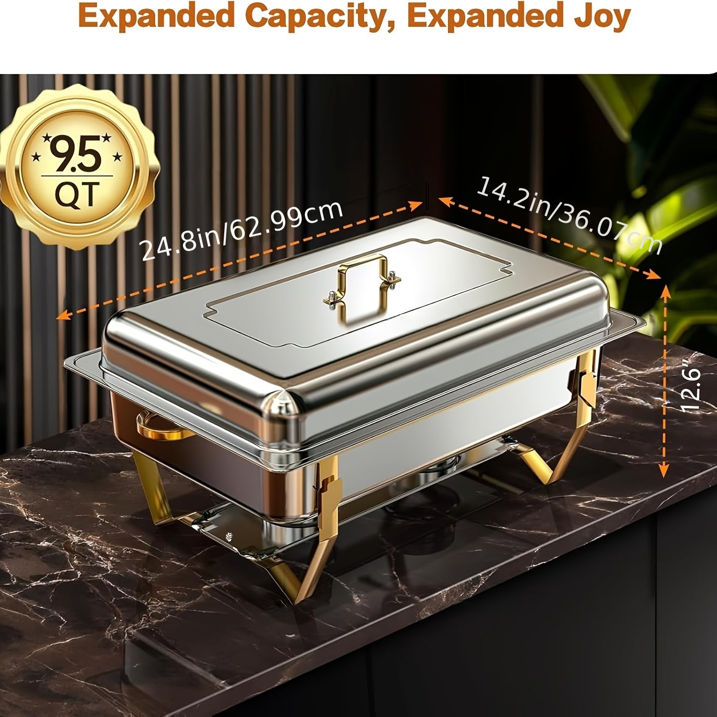 Golden Chafing Dish Buffet Set, 8QT High Grade Chafing Dishes for Buffet, Chafers and Buffet Warmers Sets for Wedding, Rolled-Edge Design, Only For Cooking