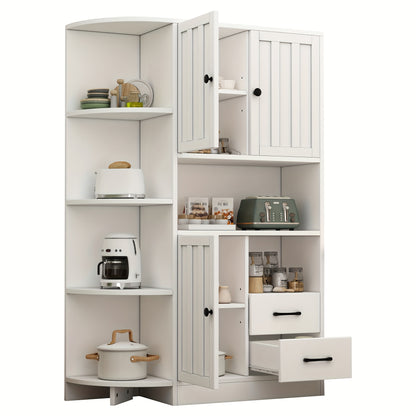 White Modern Corner Storage Cabinet with 3 Cabinets & 2 Drawers - Space-Saving Tall Bookshelf with Open Shelves & Closed Storage, Freestanding Floor Cabinet for Living Room, Hallway, Entryway - Easy Assembly, Classic Design,